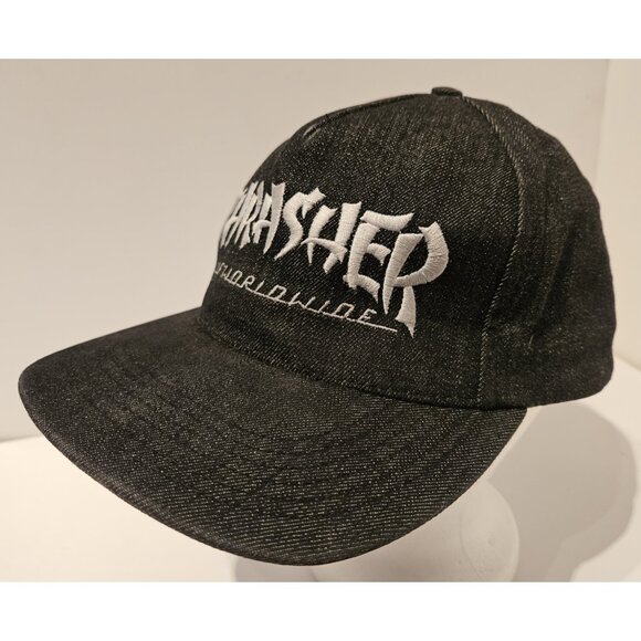 Thrasher HUF Worldwide Snapback Hat Blaxk Denim Y2K Skater 100% Cotton USA - Picture 7 of 10